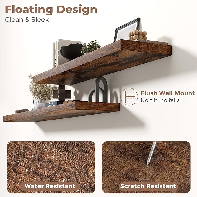 Floating Shelves for Wall with Invisible Brackets, Wall Mounted Engineered Wood Shelves with Wood Grain for Living Room, Bathroom, Kitchen Decor and Storage, Oak, 71"L Set of 2, Rustic Brown