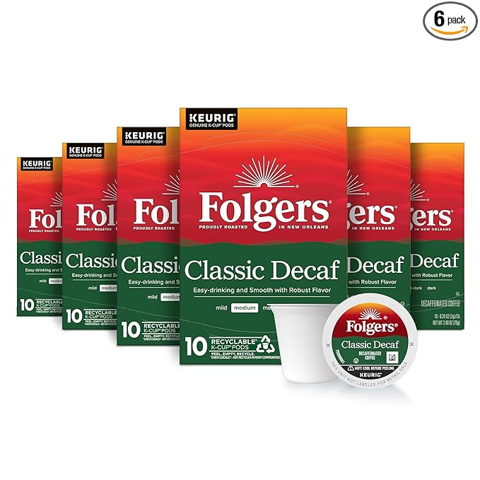 Folgers Classic Decaf Coffee Keurig K-Cup pods, Medium Roast, 10 Count Box (Pack of 6)