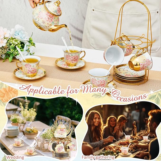 Zhehao 20 Pcs Porcelain Tea Set with Metal Holder and Spoon Adult Ceramic Tea Set European Flower Painting Teapot Cup Saucer Spoon for Women, Large Version(Gorgeous Style)
