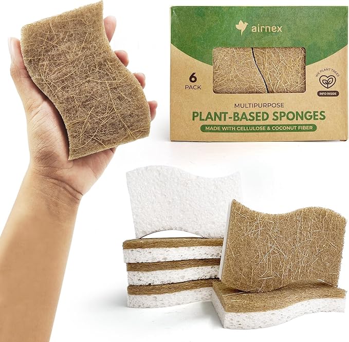 AIRNEX Biodegradable Natural Kitchen Sponge - Compostable Cellulose and Coconut Walnut Scrubber Sponge (6 Pack)