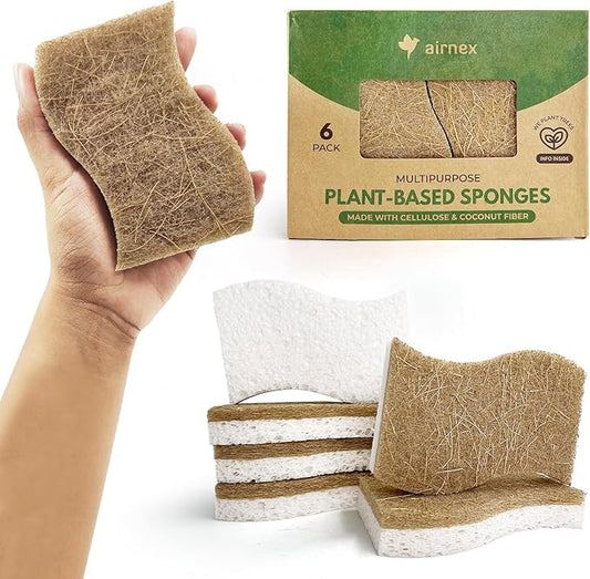 AIRNEX Biodegradable Natural Kitchen Sponge - Compostable Cellulose and Coconut Walnut Scrubber Sponge (6 Pack)