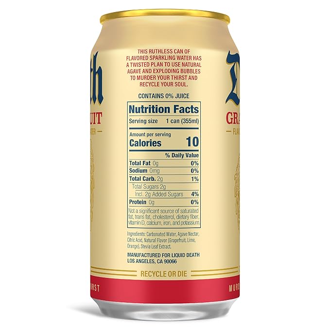 Liquid Death Soda-Flavored Sparkling Water - Grave Fruit (Grapefruit Flavor), Less Sugar*, Huge Flavor, No Caffeine, No Artificial Sweeteners, 12 Fl Oz (Pack of 12)