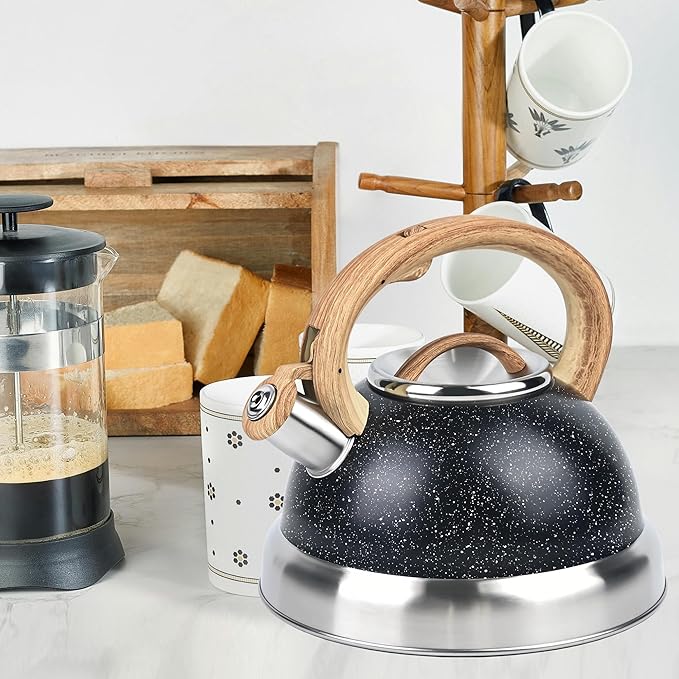 3 Quart Stainless Steel Whistling Tea Kettle – Natural Stone Finish Teapot with Cool-Touch Wood Handle, Loud Whistle & Rust-Resistant Base(black)