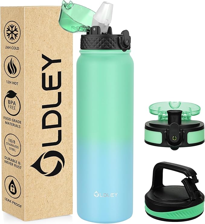Oldley Insulated Water Bottle 32oz Water Bottles with Straw, Stainless Steel Water Bottle with 3 Lids, Double Wall Vacuum Bottels for Adults School Kids,Leak-Proof Sport Bottles, Leaf Green -Blue