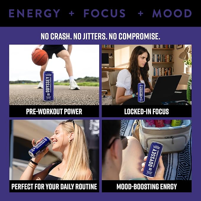 Odyssey Functional Energy Drink for Focus, Cognition & Mood Support 12 Pack - Adaptogenic Drink with 85mg Green Tea Caffeine, Lions Mane, Cordyceps, L-Theanine & Ginseng, Sparkling Blackberry Lemonade
