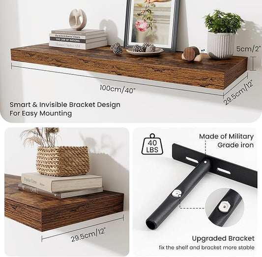 Floating Shelves for Wall, 40 Inch Floating Shelf for Home Decor, Wall Mounted Rustic Wood Shelves 12 Inch Deep, Hanging Deep Shelf for Bedroom, Living Room, Kitchen, Rustic Brown, Set of 2