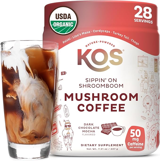 KOS Mushroom Coffee - USDA Certified Organic - Dark Chocolate Mocha Flavor - Mushroom Coffee Latte Powder with Reishi, Cordyceps, Lion's Mane, Chaga & Turkey Tail Mushrooms