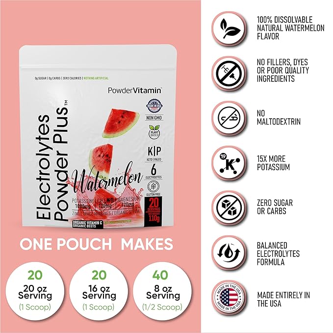 PowderVitamin Electrolytes Powder Plus (20 Servings) Watermelon Electrolyte Powder Zero Calorie Keto,0 Sugar, No Maltodextrin,1000mg Potassium,120mg Calcium,120mg Magnesium, Pink Himalayan Salt