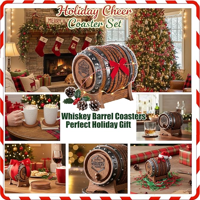 Whiskey Barrel Coasters Set 6 Full Size Non-Slip Cabin Decor Bar Coasters, Indoor Christmas Decorations, Man Cave Gifts for Men and Whiskey Lovers, Rustic Handmade Cup Coaster for The Home
