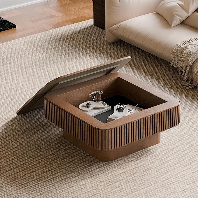 SZTHHDF Square Coffee Table for Living Room,Fluted Drum Accent Tea Center Table with Storage,Solid Wood Modern Coffee Tables for Small Space Office Apartment (31.5" L×31.5''W×14''H-Walnut)
