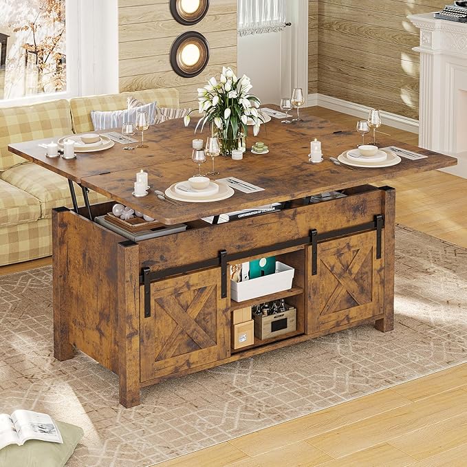 SEDETA Lift Top Coffee Table, 4 in 1 Convertible Coffee Tables with Storage and Hidden Compartment for Living Room, Farmhouse Coffee Table Converts to Dining Table, Dining Reception Room, Rustic Brown