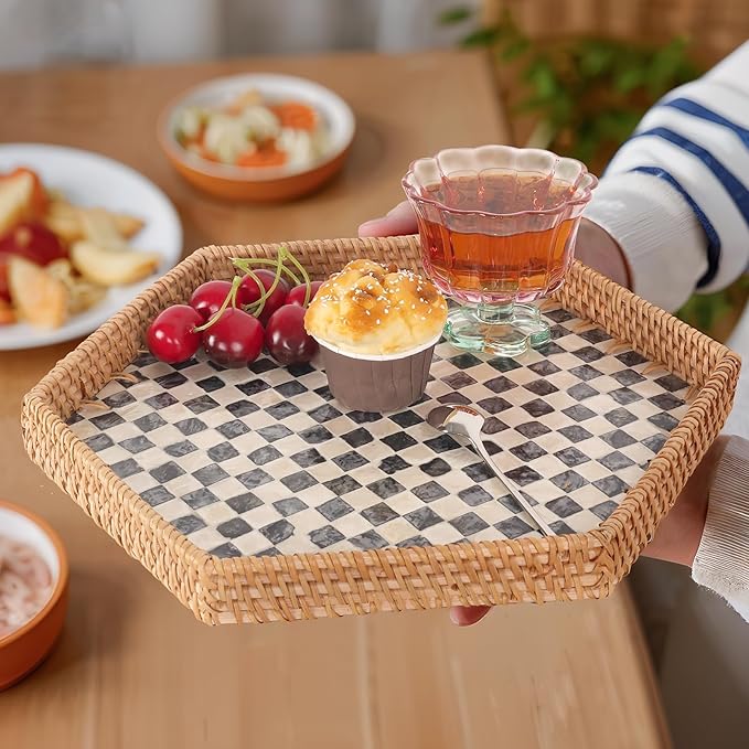 Hexagon Rattan Tray with Mother of Pearl Inlay, Rattan Serving Tray for Coffee, Bread, Fruits, Snacks, Decorative Wicker Tray for Table Decor, Home Decor (Black Checker, 14.5"×12.8")