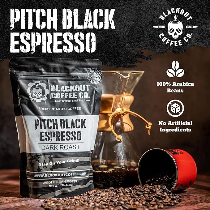Blackout Coffee Pitch Black Espresso Whole Bean Coffee – Extra Dark Roast, European-Style, Powerfully Bold – Freshly Roasted 12oz Bag.