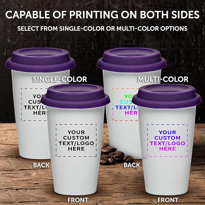 Personalized 11 oz. Double Wall Ceramic Tumblers with Lid - 6 Pack - Custom Text, Logo - Purple