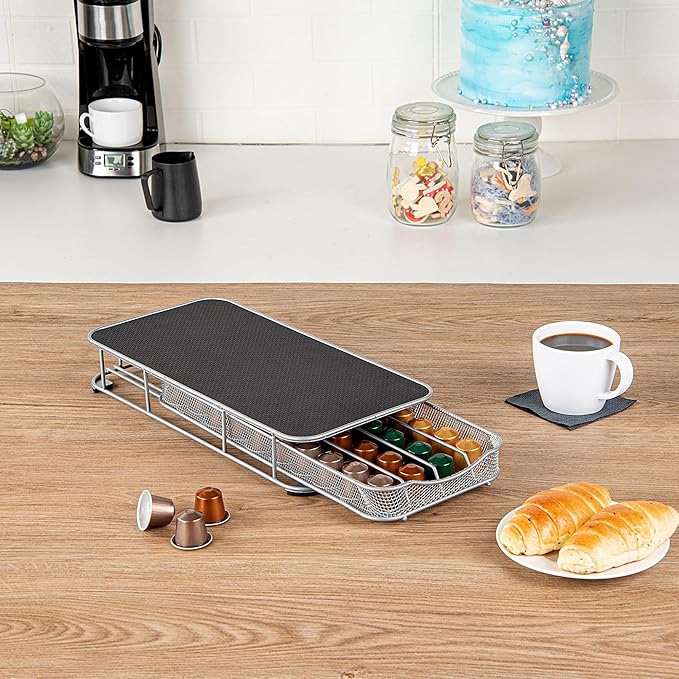 Restaurantware Restpresso 14.8 x 7.3 x 2.4 Inch Coffee Capsule Drawer 1 Heavy-Duty Pod Drawer - Holds 40 Nespresso Capsules Grip Top Iron Espresso Pod Organizer Mesh Tray Pods Not Included
