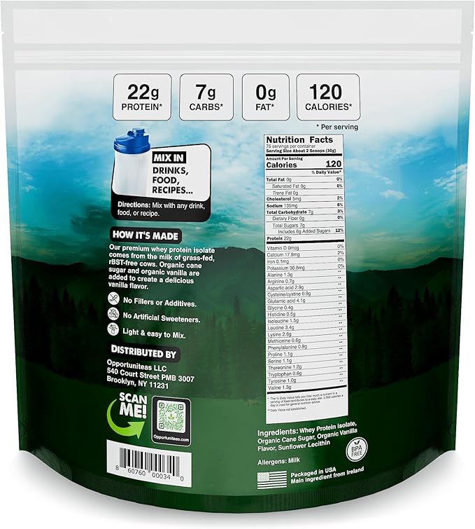 Opportuniteas Grass Fed Vanilla Whey Protein Isolate Powder - 22g Protein Powder Without Artificial Sweeteners, Hormone-Free Cows, Non GMO - 2.5lb