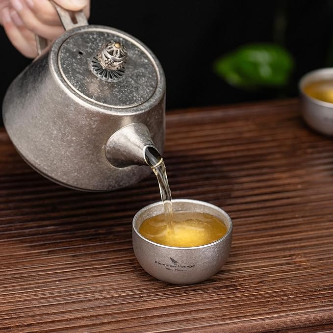 iBasingo Titanium Double Wall Mini Cups Small 40ml Tea Cups for Drinking, Whiskey, Espresso, Coating-Free, Dishwasher Safe Ti3204D (Silver * 2)