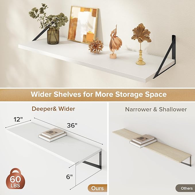 Deep Floating Shelves Wall Mounted, 36"x12" White Wall Shelves with Brackets Set of 2 for Bedroom, Living Room, Bathroom, Kitchen, Office - Storage & Display Shelf for Decor, Books, Plants