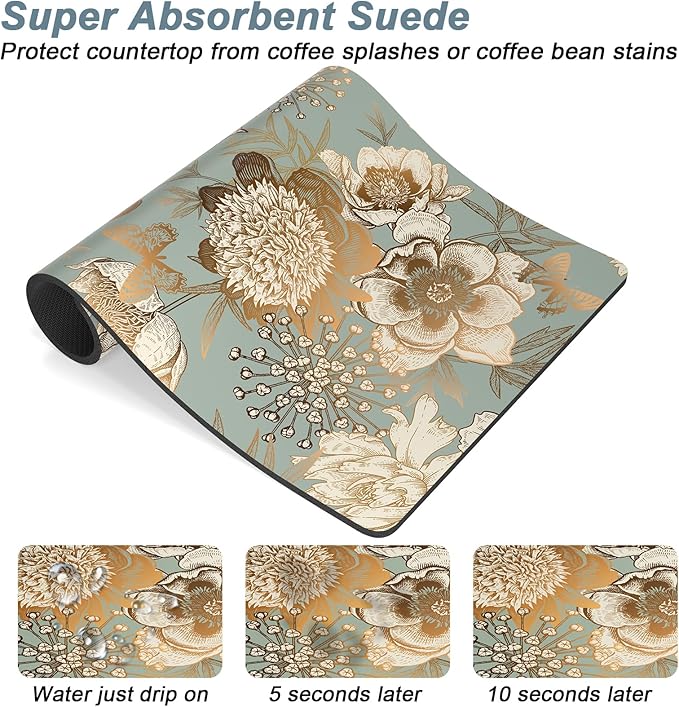 Rnivvi Coffee Mat, 12" x 19" Cute Coffee Bar Mats for Espresso Machine Station Accessories and Organizer, Hide Stain Rubber Backed Absorbent Dish Drying Pad for Kitchen Counter, Retro Flower