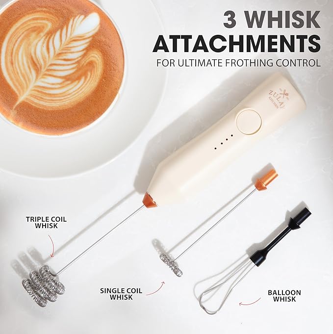 Zulay Kitchen Rechargeable Milk Frother - Dynamic - 3 Speeds, 3 Whisk Attachments, 500 mAh USB Charging, Drink Mixer For Latte, Cappuccino, Matcha, Protein Powder, Coffee Foam - Cream Copper
