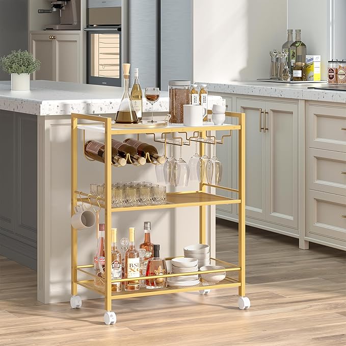 Bar Cart, Home Bar Serving Cart with 3-Tier Shelf,Microwave Cart with Lockable Wheels,Mobile Kitchen Shelf,Rolling Beverage Cart with Wine Rack and Glass Holder for Kitchen,Dinning Room,Gold