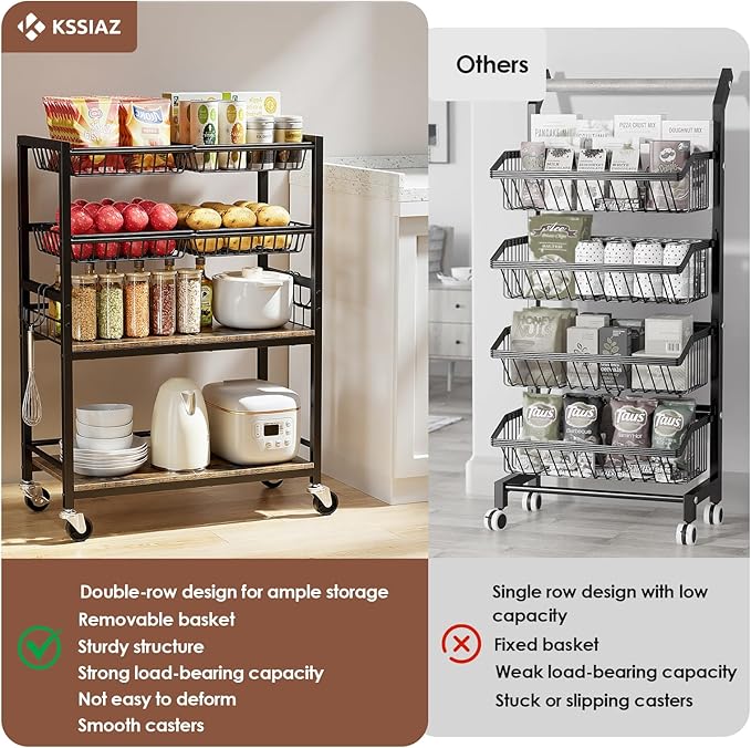 Fruit Vegetable Storage Cart, 4-Tier Rolling Kitchen Storage Cart, Fruit & Vegetables Basket Stand, Snack Organizer Shelf Unit for Kitchen, Bathroom, Living Room, Office, Balcony, Black