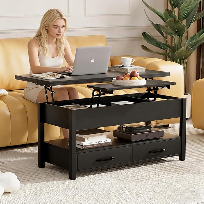 42'' Lift Top Coffee Table, 4-in-1 Multifunctional Lift Coffee Table with Storage & Hidden Compartments, Farmhouse Coffe Table with Lifting top for Living Room, Dining Reception Room, Black
