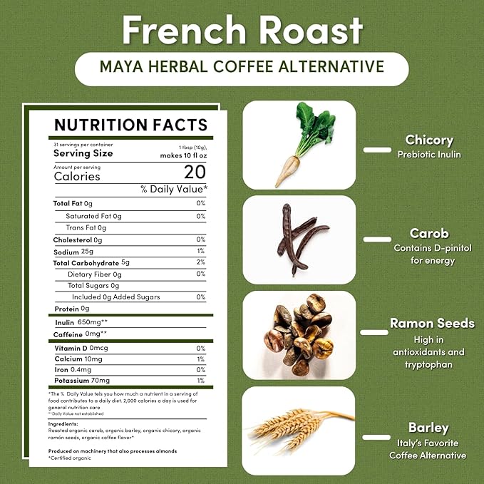 Teeccino French Roast Chicory Coffee Alternative - Ground Herbal Coffee That’s Prebiotic, Caffeine-Free & Acid Free, Dark Roast, 11 Ounce (Pack of 6)
