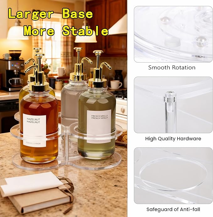 Acrylic Syrup Dispenser Organizer, 360°Rotating Storage Rack for 4 Bottles,Clear Coffee Syrup Bottle Holder for Coffee Station Accessories,Home Bar,Kitchen-Fits 16.9 oz Bottles(Syrup Rack Only)