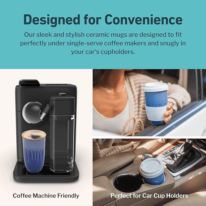 NOVA CERAMICS Ceramic Tumbler– Blue Ceramic Mug – Microwave & Dishwasher Safe Coffee White & Orange Tumbler - Leak-Proof Coffee Travel Mug – 16oz – Neptune