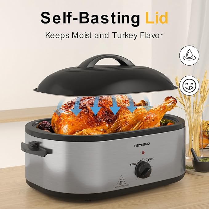 Roaster Oven 22 Quart Electric, Turkey Roaster with Self-Basting Lid Design, Large Stainless Steel Electric Turkey Roaster Oven Fits Turkeys Up to 26LB