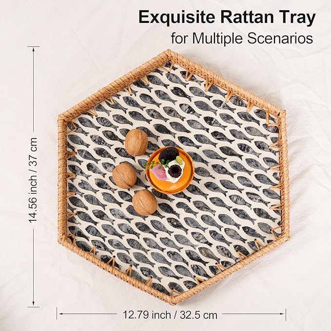 Hexagon Rattan Tray with Mother of Pearl Inlay, Rattan Serving Tray for Coffee, Bread, Fruits, Snacks, Decorative Wicker Tray for Table Decor, Home Decor (Little Bluefish, 14.5"×12.8")