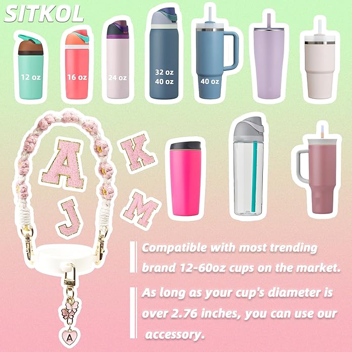 Compatible with Owala Water Bottle Accessories, Cute Letter Charm Set with Boho Handle Strap, Monogram Sticker, Silicone Ring, Keychain Decoration, for FreeSip 24 32 40oz, Owala Kids, Tumbler Gift