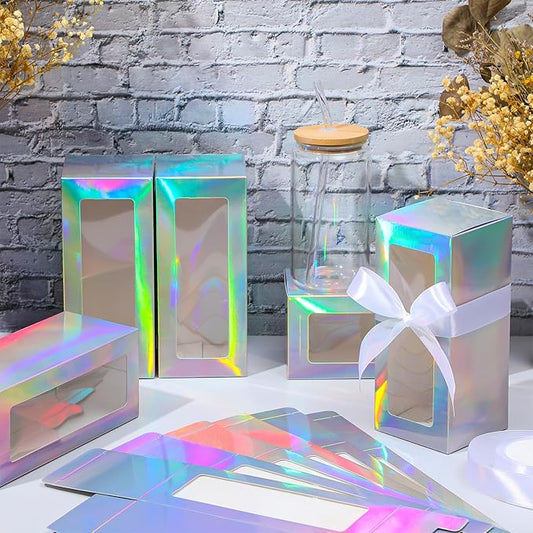 Honoson 24 Pcs Tumbler Gift Box with Ribbon for Sublimation Glass Exhibition Boxes Transparent for 12oz 16oz 20oz Drinking Cup Glasses Jars Mug Can Blanks(Laser Color)