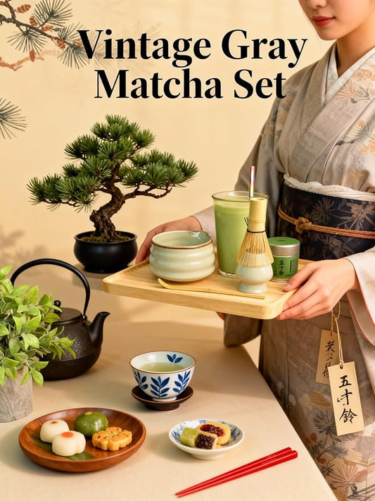 Matcha Whisk Set, Ceramic Matcha Set Includes Matcha Bowl, Matcha Whisk Chasen and Whisk Holder, Sifter, Bamboo Scoop, Scoop Rest and Tea Towel-7 Pcs Matcha Kit for Matcha Lovers, Misty Gray
