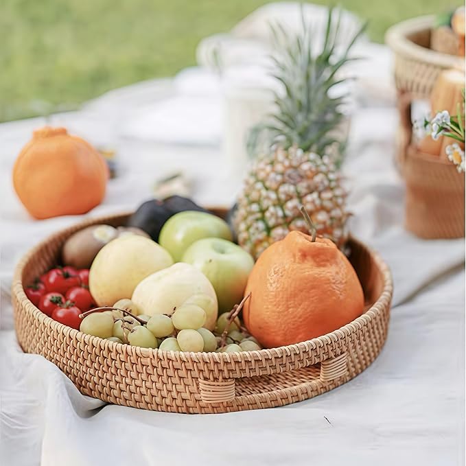 16.9" Round Rattan Tray, Hand Woven Serving Tray with Handles, Wicker Serving Basket, Decorative Tray for Home Decor, Natural