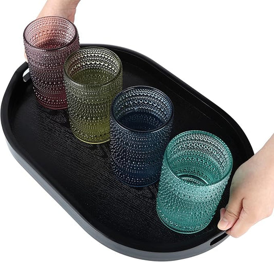MDLUU Plastic Serving Tray, 17.1 Inch Long Ottoman Tray with Cutout Handles, Oval Butler Tray for Breakfast in Bed, Coffee Table Decor, Party