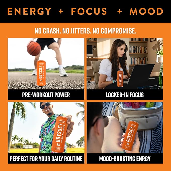 Odyssey Functional Energy Drink for Focus, Cognition & Mood Support 12 Pack - Adaptogenic Drink with 85mg Green Tea Caffeine, Lion’s Mane, Cordyceps, L-Theanine & Ginseng, Sparkling Orange