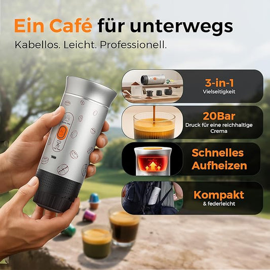 Portable Espresso Machine, 3-in-1 Travel Coffee Maker with Self-Heating, Battery Operated 20Bar Wireless Portable Espresso Maker Compatible with Ground Coffee & Capsule for Camping, Car, Office