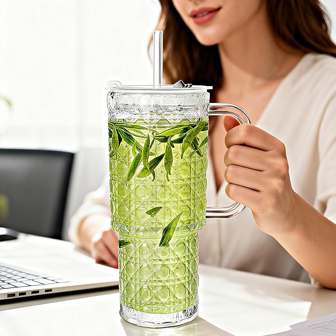26oz Glass Cups with Lids and Straws,2 Pack Tumbler With Handle Mason Jar Wide Mouth Reusable Drinking Glasses with Lid and Straw Smoothie Tumbler Iced Coffee Beer Cup Travel Mug(Diamond)