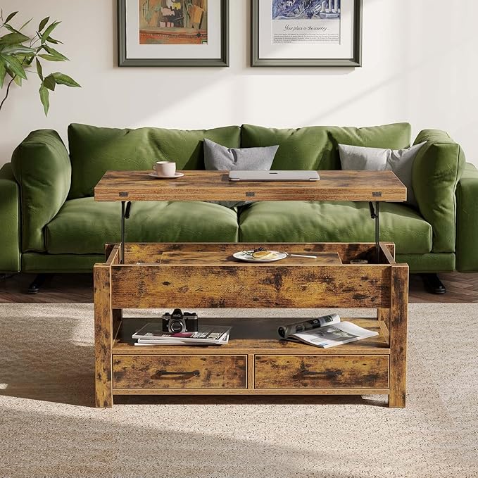 Rolanstar Coffee Table Lift Top, Multi-Function Convertible Coffee Table with Drawers and Hidden Compartment, Converts to Dining Table for Living Room, Home Office, Rustic Brown