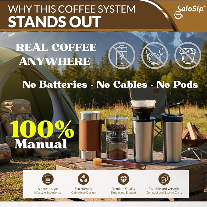 4‑in‑1 Portable 100% Manual Pour Over Coffee Maker Kit with Built‑In Grinder for Travel & Camping, No Batteries, No Cables, No Pods, Stainless Steel Components