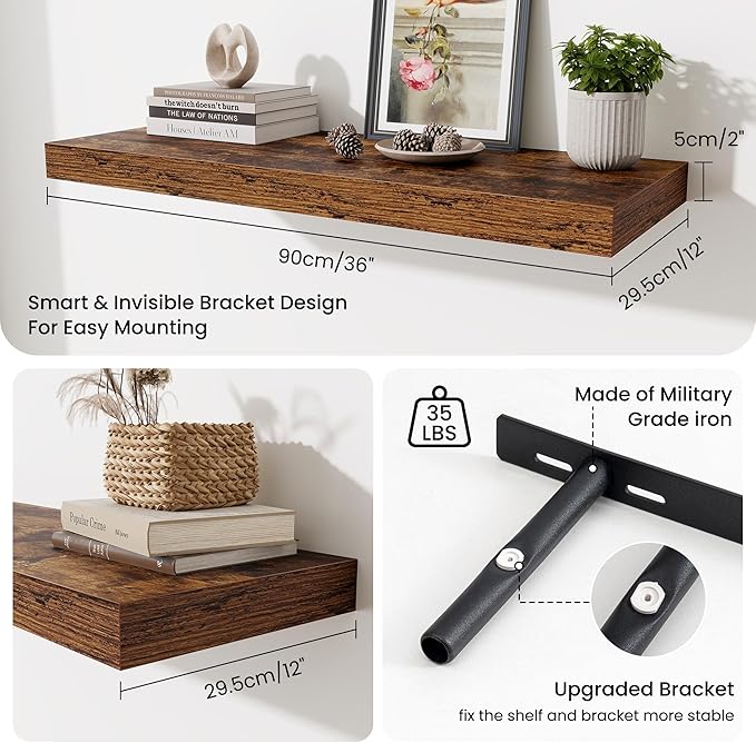 Fun Memories 12" Deep Floating Shelves for Wall, 36" W x 12" D Floating Shelves, Long Wood Floating Wall Shelf for Living Room Bathroom Bedroom Kitchen, Rustic Brown, Set of 2