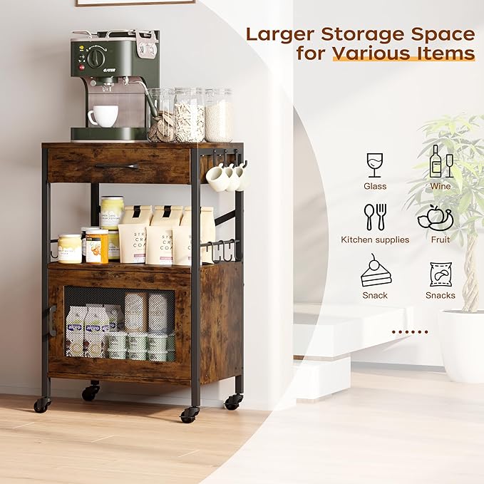 Homeiju Kitchen Island Cart, Kitchen Storage Cart with Drawer, Microwaves Stand, Coffee Cart, Rolling Kitchen Cabinet Cart with Hooks for Kitchen, Dining Room