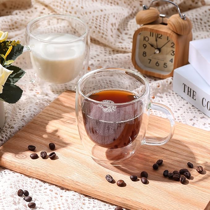 Gerrii Double Walled Glass Coffee Mugs with Handle 10 oz Insulated Borosilicate Glass Cappuccino Mugs Clear Espresso Cups for Home Office Coffee Tea Espresso Latte Milk and Hot Cold Beverages(12 Pack)