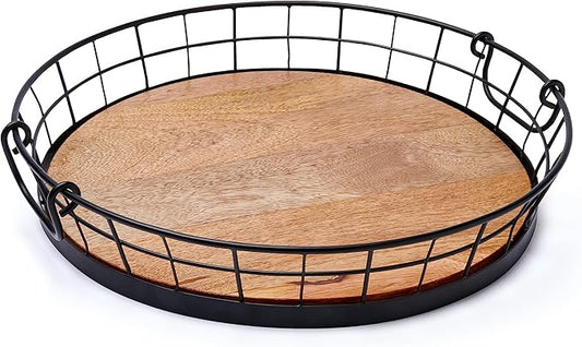 Spectrum Madison Round Metal Wooden Serving Tray with Handles for Living Room Kitchen Counter Ottoman Coffee Bar Dining Table Decorative Home Organizer Platter, Rustic Black Metal & Light Wood Tray