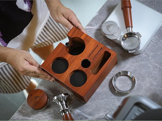 KNODOS 58mm Gaggia Espresso Accessories Kit –Rosewood Naked Portafilter, Auto-Level Espresso Press, Ground Distribution Tool, Wooden Barista Holder & Coffee Puck Knock Bin