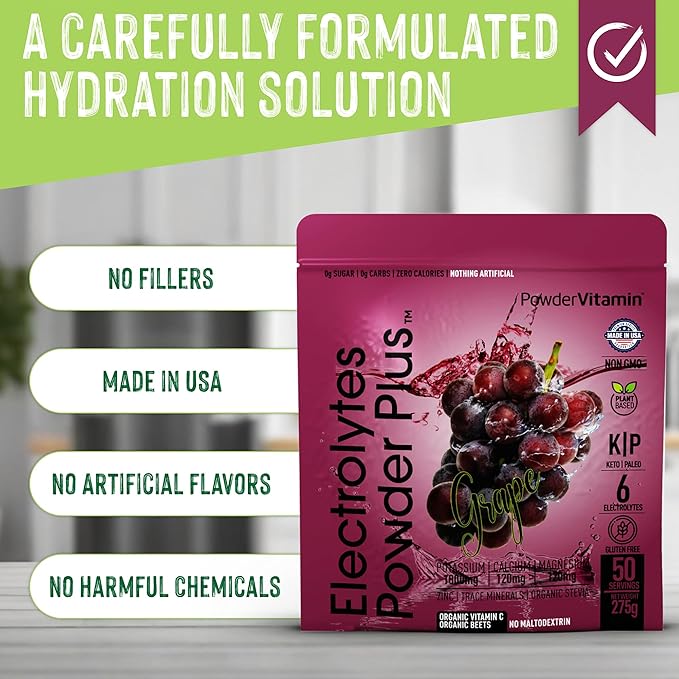PowderVitamin Electrolytes Powder Plus (50 Servings) Grape Electrolyte Powder Zero Calorie Keto, 0 Sugar, No Maltodextrin,1000mg Potassium,120mg Calcium,120mg Magnesium, Hydration Powder