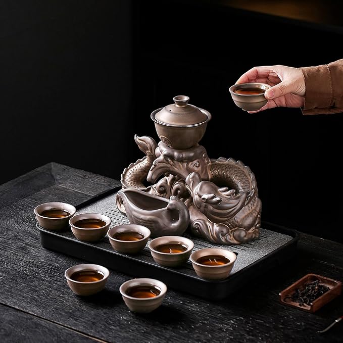 Semi Automatic Tea Set Ceramic Teapot with Infuser Magic Teapot with 8 cups (Antique Brass Dragon- D)