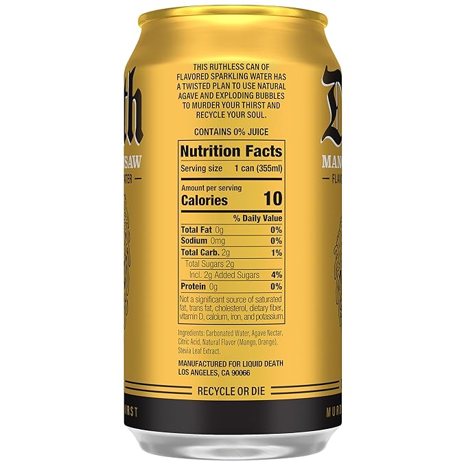 Liquid Death Soda-Flavored Sparkling Water - Mango Chainsaw (Mango Orange), Less Sugar*, Huge Flavor, No Caffeine, No Artificial Sweeteners, 12 Fl Oz (Pack of 12)